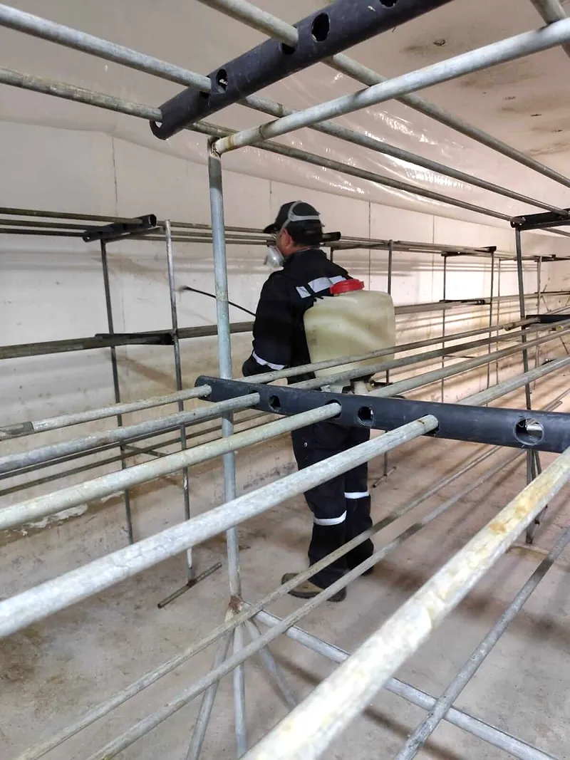 Técnico con mascarilla y bomba de espalda aplica tratamiento entre los racks metálicos de una bodega