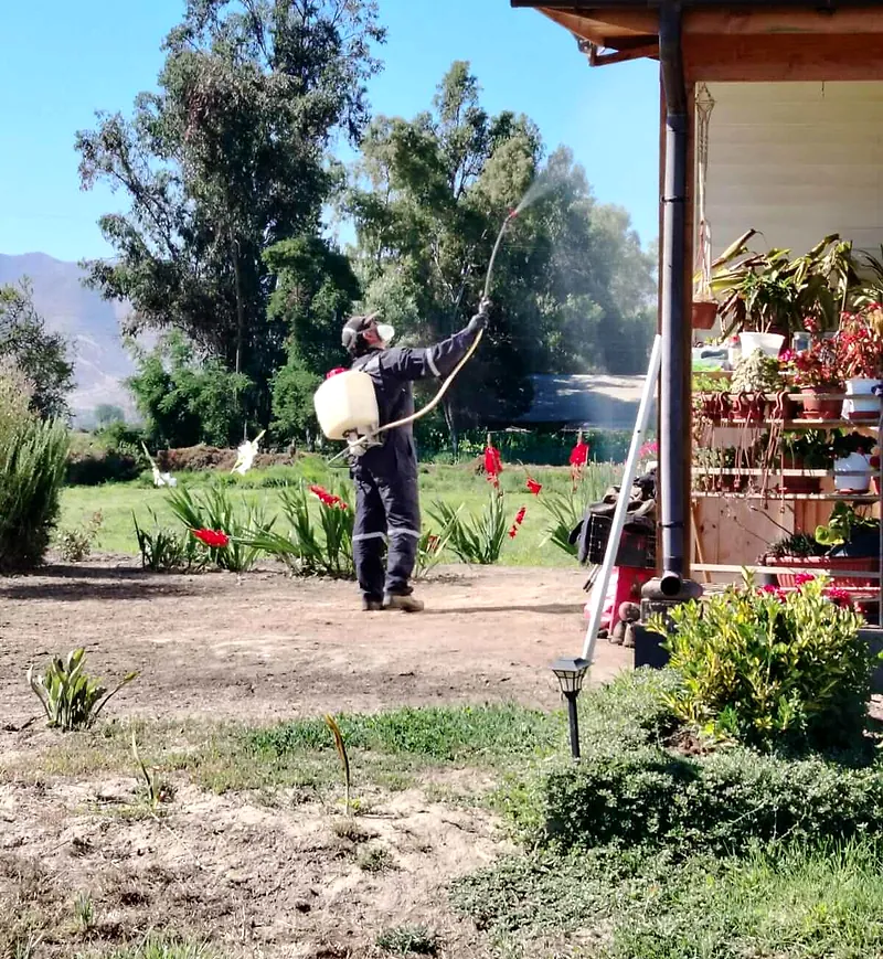 Técnico con bomba de espalda fumiga los árboles y el jardín de una casa de campo en una parcela, con cerros al fondo