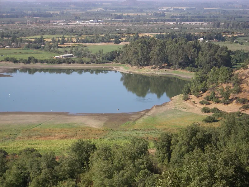Tranque O’Higgins de Pilay, en el sector de La Punta (Mostazal), rodeado de árboles y con campos de cultivo al fondo