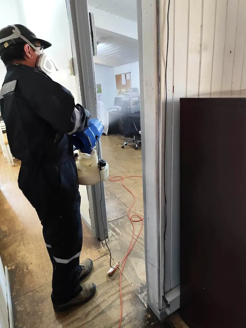 Técnico nebuliza una oficina desde la puerta; se ve la neblina del producto en el aire